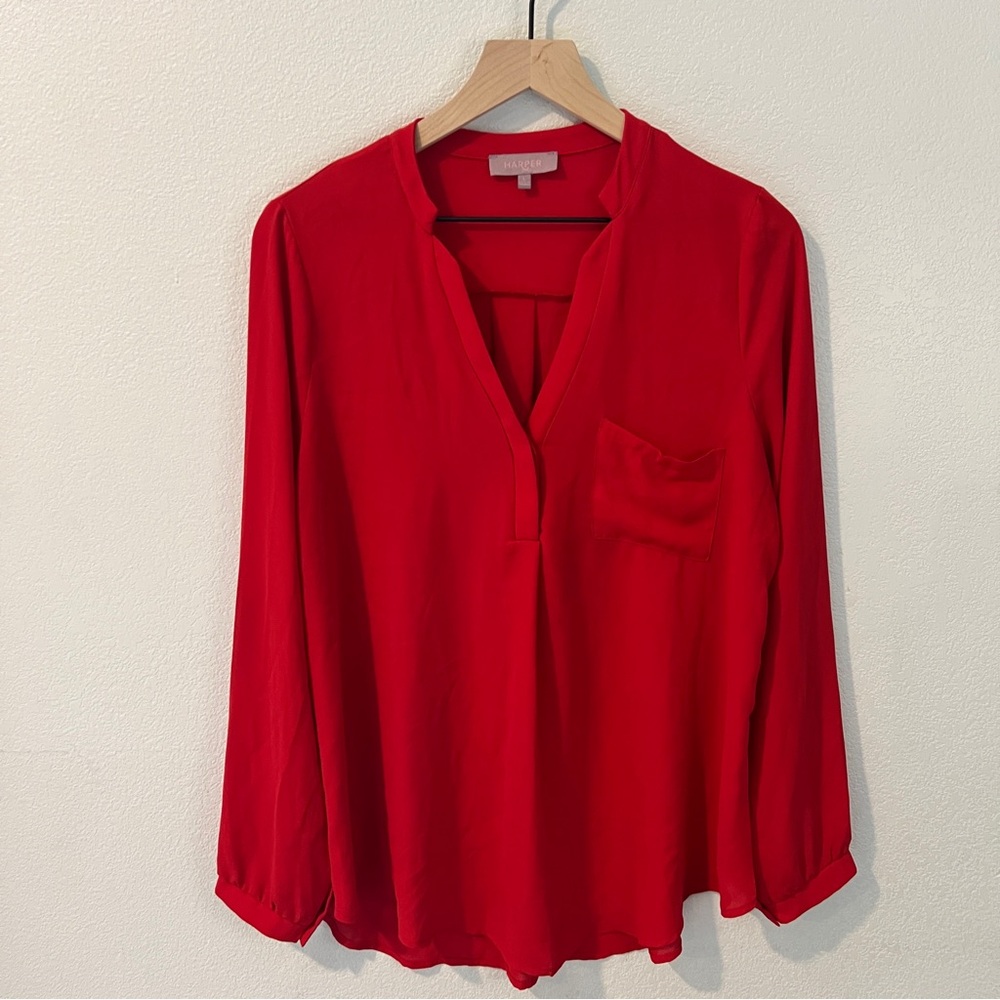 Harper Size L Red Sheer Chiffon Long Sleeve V Neck Popover Top